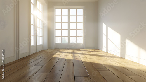 Empty room with white walls and large windows and wooden floor. Lots of sunshine