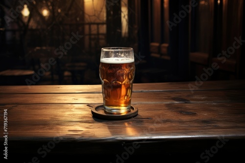 A glass of beer on a wooden table at night, A glass of beer on a Wooden table. Ai generated