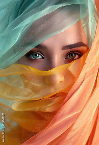 Retrato de una mujer musulmana joven, de piel blanca con un hiyab colorido photo
