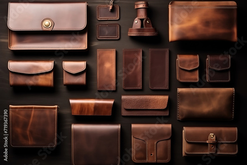 A top view photograph showcasing various leather items arranged creatively on a table, presenting a flat lay design concept photo