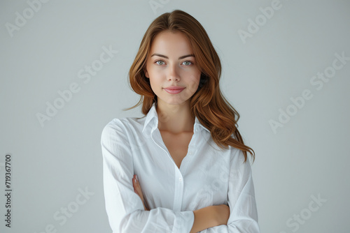 Portrait photo of a beautiful businesswoman wearing a white shirt, folding her arms across her chest and looking forward at the camera. White background. office background bokeh