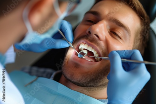 a photo of a handsome adult man client patient at a dental clinic. cleaning and repairing teeth at a dentist doctor. laying on the orthodontic dental chair photo