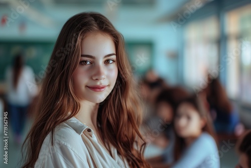 a photo portrait of a beautiful young female american school teacher standing in the classroom. students sitting and walking in the break. blurry background behind © ERiK