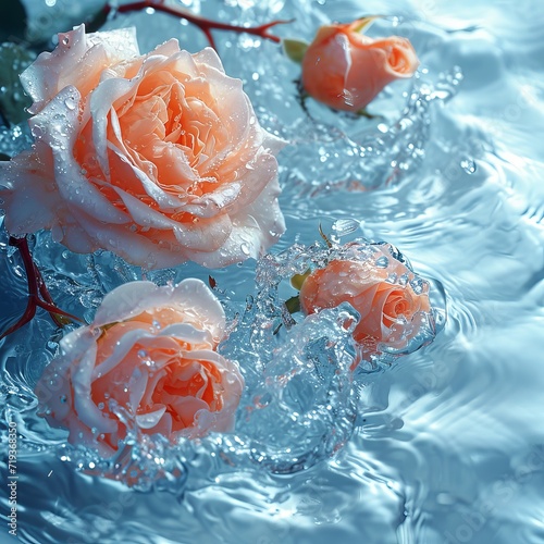 Rose buds are immersed in water, blue and transparent wet background with drops, close-up shot. Concept: advertising, graphic design, love and relationships