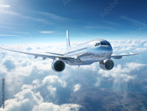 Airplane flying in the blue sky with clouds.