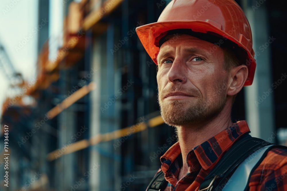 Construction worker with a hard hat, diligently working at a construction site. Construction worker with a hard hat, diligently working at a construction site.