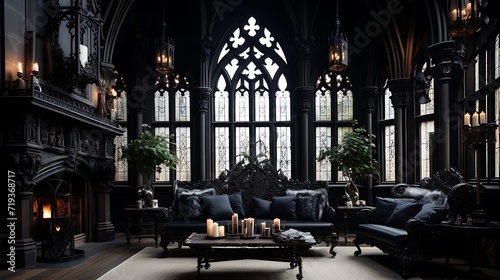Gothic-inspired lounge with dark furniture and ornate details