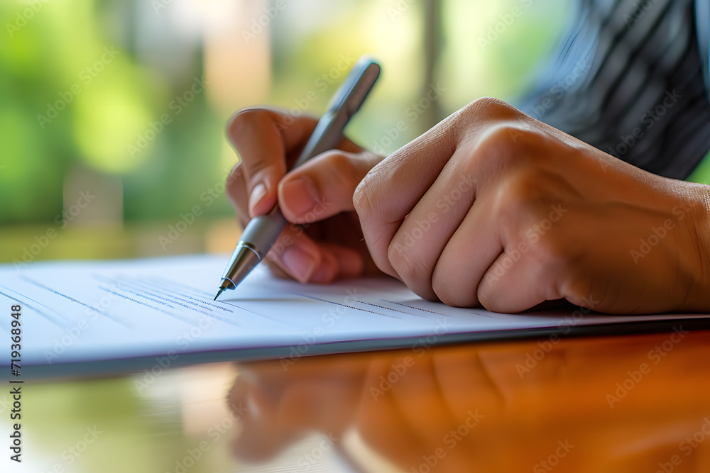 Close-up photo of hand with ballpoint pen signing important papers or contract. Close-up photo of hand with ballpoint pen signing important papers or contract.