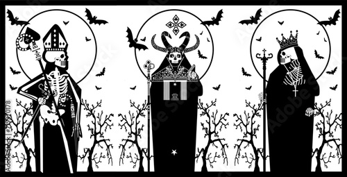 Tarot Cards poster black and white. Gothic skulls with horns and crown.   