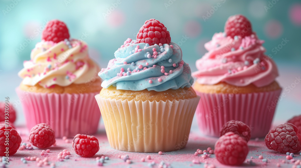 whipped cream cupcakes decorated with raspberries
