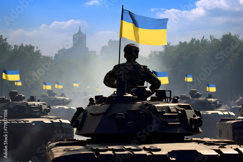 National armed force, military parade, army troops, tanks with Ukraine flag. photo
