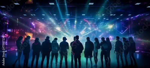 Dynamic view of young friends enjoying a futuristic nightclub, with vibrant neon lights and a spectacular holographic light show, creating an unforgettable party atmosphere.
