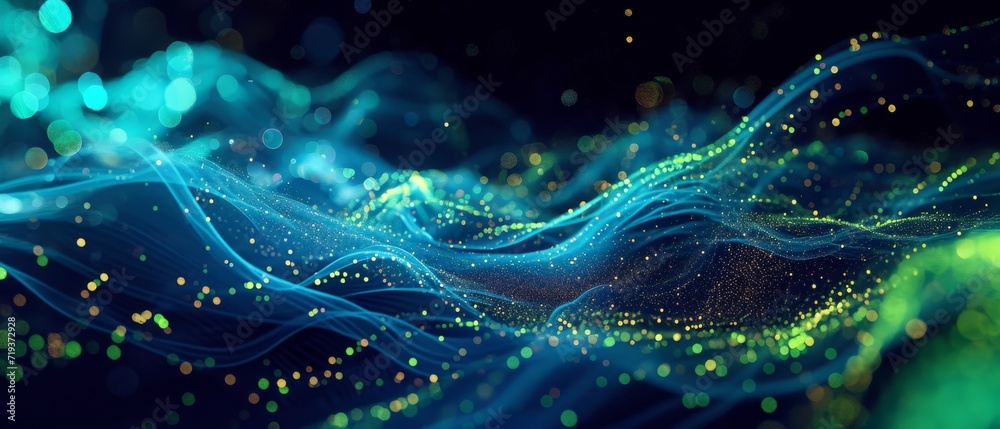 Dynamic Composition Of Futuristic Blue And Green Network Lines Intertwined. Сoncept Abstract Geometric Patterns, High-Tech Futurism, Interconnected Networks, Vibrant Blue And Green