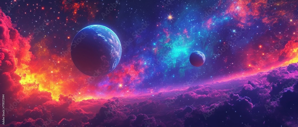 Galactic Beauty Unfolds Planets In Vivid Hues Amidst A Starry Expanse. Сoncept Cosmic Landscapes, Celestial Portraits, Glowing Galaxies, Astral Artistry, Stellar Beauty