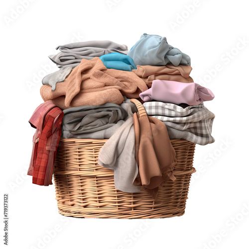 clean clothes and Wicker basket with clean laundry isolated transparent background
