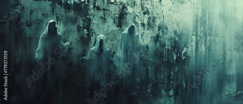 Ghostly Entities Emerge From A Fragmented Wall, Instilling Macabre Sensations Halloweenthemed Backdrop. Сoncept Haunted House Experience, Spooky Wall Decor, Ghostly Portraits, Halloween Backdrop photo