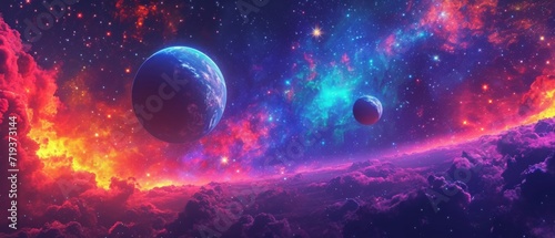 Galactic Beauty Unfolds Planets In Vivid Hues Amidst A Starry Expanse. Сoncept Cosmic Landscapes, Celestial Portraits, Glowing Galaxies, Astral Artistry, Stellar Beauty