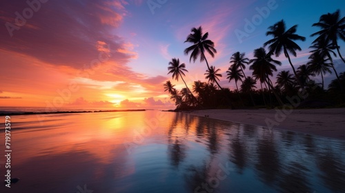 palm tree on the beach during sunset pink sky of beautiful a tropical beach. Neural network AI generated art © mehaniq41
