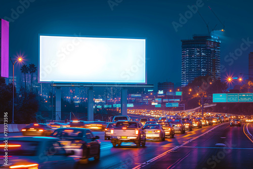 a big white billboard in the city at night