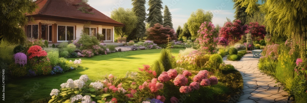 Beautiful summer garden with flowers, bushes and stone path to the house, summer vacation, banner