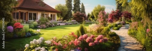 Beautiful summer garden with flowers, bushes and stone path to the house, summer vacation, banner © pundapanda