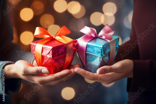 a pair of hands give each other decorated small boxes with bows. concept of Valentine's Day, New Year, March 8, love, family holidays