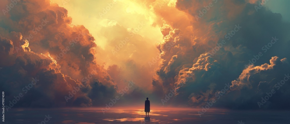 Naklejka premium Lonely Figure Gazes At Heavenly Clouds In A Serene, Surreal Landscape. Сoncept Dreamy Sunset Over The Ocean, Majestic Mountains And Forests, Urban Architecture And Cityscapes, Vibrant Street Art