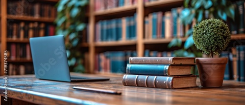 The Synergy Of Education And Technology: Library Desk With Books And Laptop.