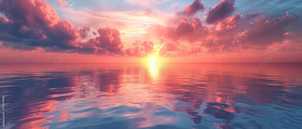 Mesmerizing Digital Art Captures Serene Sunrise Sky Reflecting In Calm Ocean. Сoncept Abstract Nature Landscapes, Tranquil Waterscapes, Dreamy Sunrise Horizons, Serenity In Digital Art