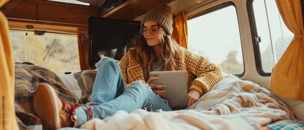 Millennial Woman Embraces Freedom By Working From Her Retro Camper Van. Сoncept Remote Work, Nature-Inspired Office, Digital Nomad, Vanlife, Work-Life Balance