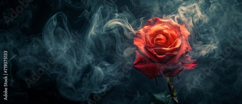 Enigmatic Red Rose: Embraced By Twirling Smoke Amidst The Shadows. Сoncept Ethereal Forest, Sun-Kissed Beach, Urban Skylines, Rustic Countryside, Vibrant Cityscape