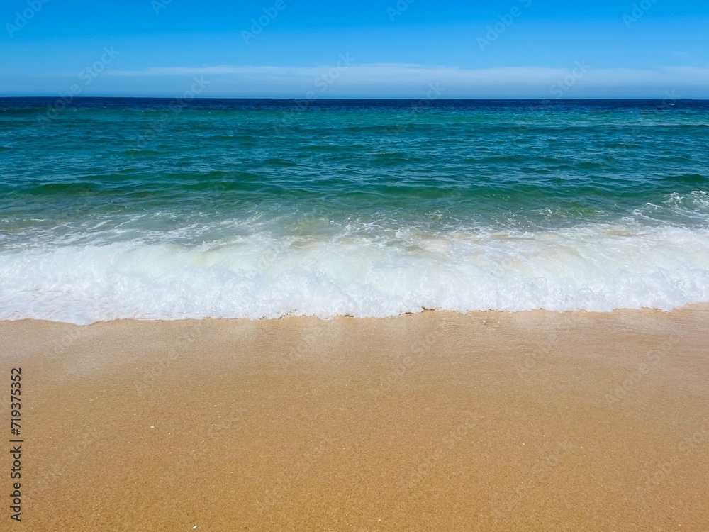 Blue seascape, sandy sea coastline, empty wild beach, pure blue sky, sea horizon Blue seascape, sandy sea coastline, empty wild beach, pure blue sky, sea horizon