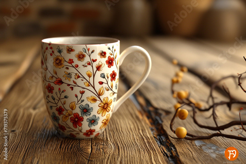 The coffee cup is very beautiful, decorated with flowers, nice colors, and nice shades. Unusual background.