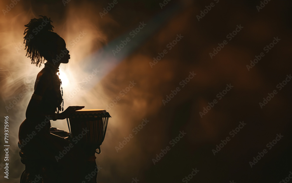Black african girl silhouette in spot lights and stage smoke playing bongo drums at live music concert with copy space - obrazy, fototapety, plakaty 