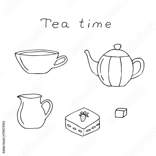 Tea set vector illustration, hand drawn doodles