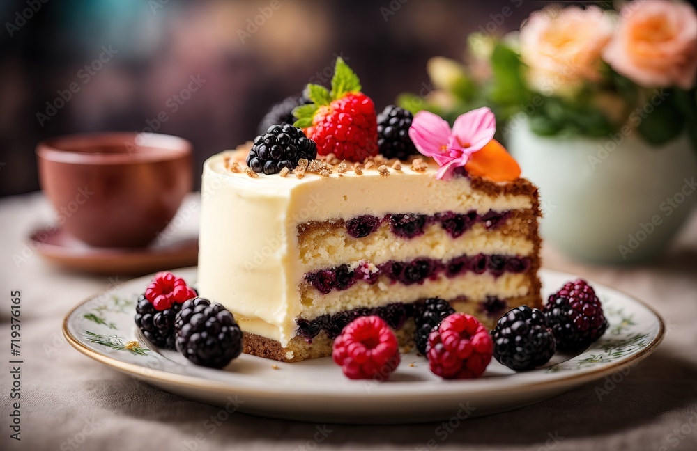Slice of tasty sweet cake with cream Slice of tasty sweet cake with cream
