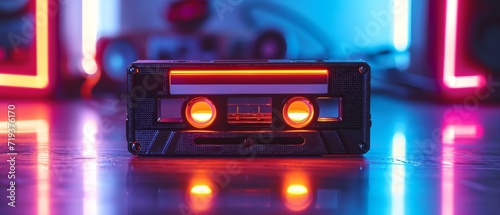 Retro Cassette Glowing With Neon Lights, Evoking S Nostalgia And Music Listening. Сoncept Retro Cassette, Neon Lights, Nostalgia, Music Listening, Glowing