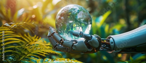Robotic Hand Encasing Crystal Glass Globe Amidst Thriving Nature, Advocating For Environmental Conservation. Сoncept Robotics In Healthcare, Technology And The Environment, Environmental Conservation