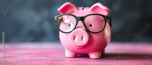 Savings And Investments Illustrated By A Pink Piggy Bank Wearing Glasses. Сoncept Financial Literacy, Money Management Tips, Investing Strategies, Budgeting Basics, Entrepreneurship Insights photo