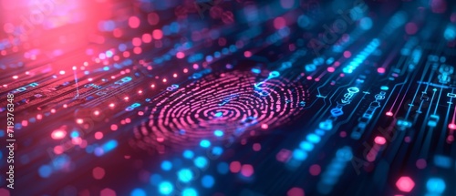 Security Concept Cyber Technology Background With Fingerprint On Neon, Protecting Personal Data. Сoncept Cybersecurity, Data Protection, Fingerprint Recognition, Neon Background, Technology Concept photo