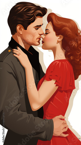 Romantic Couple Embracing and Kissing Illustration