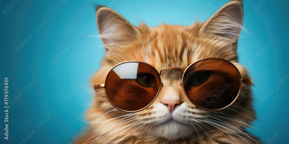 Ginger cat with oversized sunglasses, blue background.