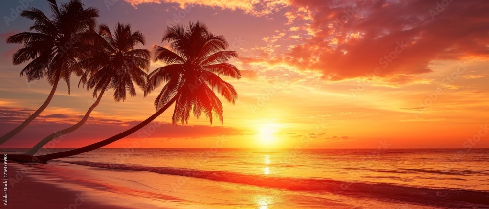 Breathtaking Palm Tree Silhouettes Set Against A Spectacular Tropical Sunset Beach Scene, Perfect For Summer Escapes. Сoncept Nature's Beauty, Relaxation And Tranquility, Serene Landscapes