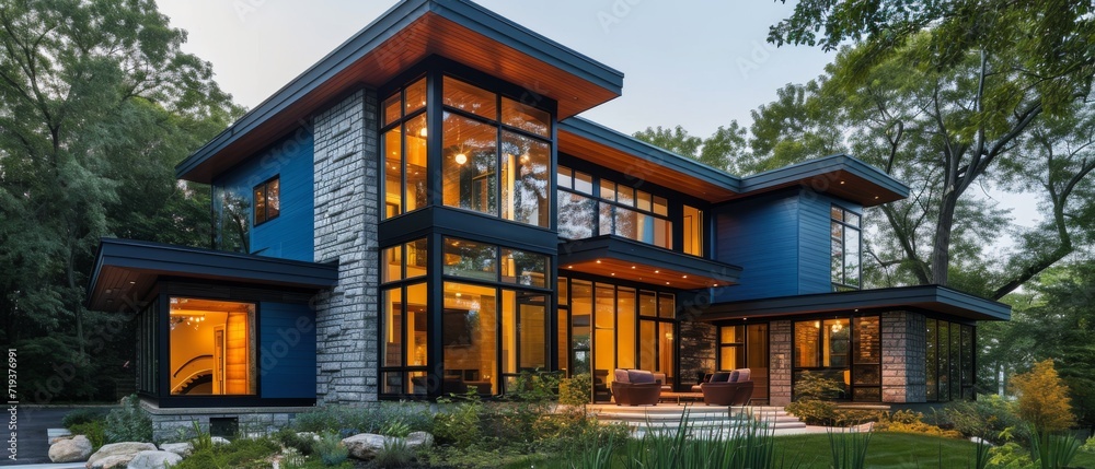 Stunning Contemporary Home With A Blue Siding And Natural Stone Wall. Сoncept Contemporary Architecture, Blue Siding, Natural Stone Wall, Stunning Home Design