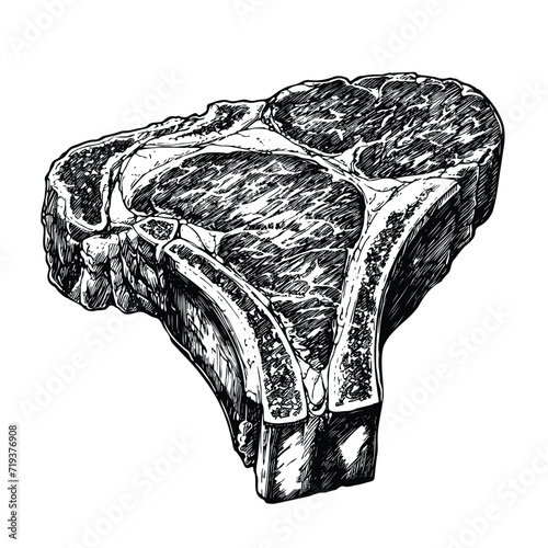 Hand drawn illustration of a T-bone beef steak, black and white ink drawing, black and white vector art isolated on white background