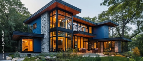 Stunning Contemporary Home With A Blue Siding And Natural Stone Wall. Сoncept Contemporary Architecture, Blue Siding, Natural Stone Wall, Stunning Home Design