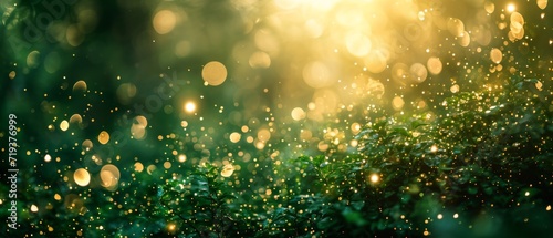 Transforming A Blurred Green Background With Captivating Gold Bokeh, Evoking An Otherworldly Atmosphere. Сoncept Magical Forest Theme, Enchanting Light Effects, Dreamy Portraits