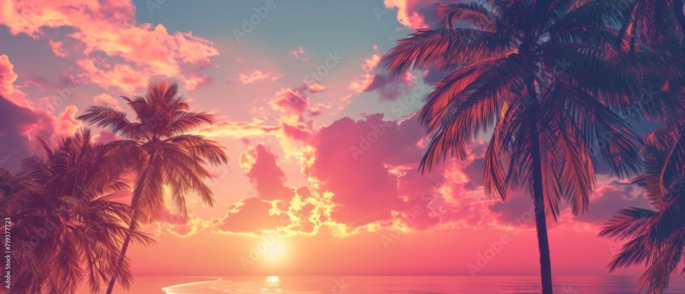 Tropical Skyline Adorned With Palm Trees, Kissed By The Suns Embrace. Сoncept Dreamy Sunset Beach, Vibrant Exotic Flora, Tropical Paradise Escape, Sun-Kissed Island Life