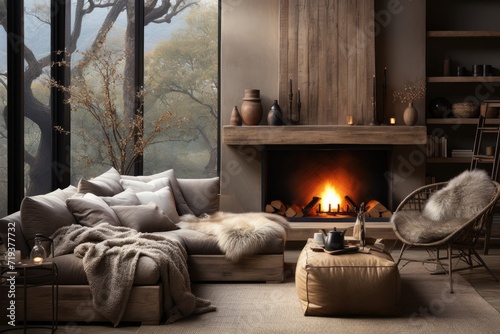Cozy up by the crackling fire on the plush sofa bed in this inviting indoor living room, adorned with stylish furniture and a warm woodburning stove