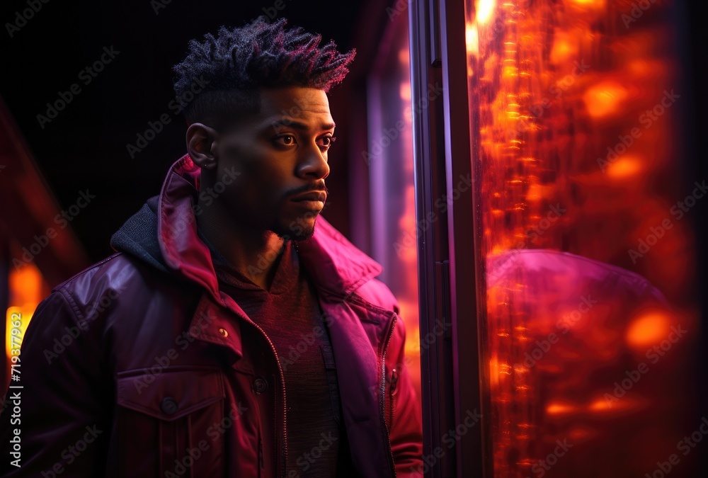 Obraz premium A solitary man, adorned in a maroon jacket, stands against the dark backdrop of a window, his human face reflecting the anticipation and excitement of a concert